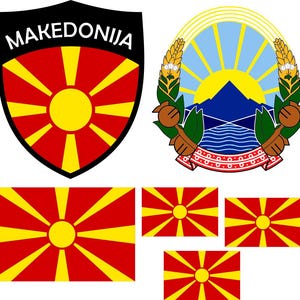 May include: A collection of Macedonian national symbols. Includes the coat of arms, a shield with the word "MAKEDONIIA", and several flags. The flags feature a yellow sun with rays on a red background.