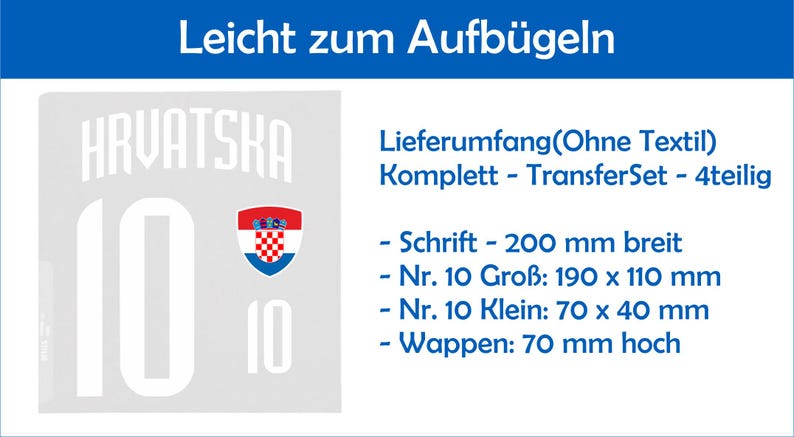 K&ouml;nnte beinhalten: Ein wei&szlig;es B&uuml;geltransfer-Set mit dem Text "HRVATSKA" und der Nummer "10". Enth&auml;lt ein kroatisches Wappen. Das Set enth&auml;lt Text, Nummer und Emblem, mit Ma&szlig;en in Millimetern.