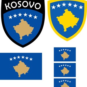 May include: A collection of Kosovo flag and emblem designs. The designs feature a blue shield with a gold map of Kosovo, six white stars, and a gold border. One emblem has the word "KOSOVO" in white.