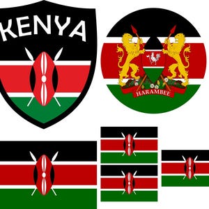 May include: Various designs featuring the Kenyan flag. These include a shield with the word "KENYA", a circular emblem with lions and the word "HARAMBEE", and several rectangular flag variations. The flags are in black, red, green, and white.
