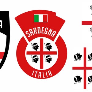 May include: Three Sardinian flag designs. The first is a black shield with a white cross and four Moor's heads. The second is a red circle with the Italian flag and the words "Sardegna Italia". The third is a grid of the Moor's head.