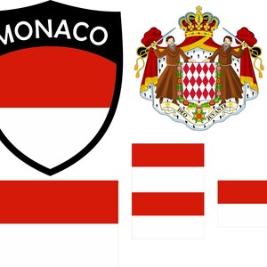 Op de afbeelding: Een verzameling afbeeldingen met de vlag en het wapen van Monaco. Het schildvormige embleem toont het woord "MONACO" boven een rood-wit kleurenschema. Extra afbeeldingen tonen de vlag en het wapen.