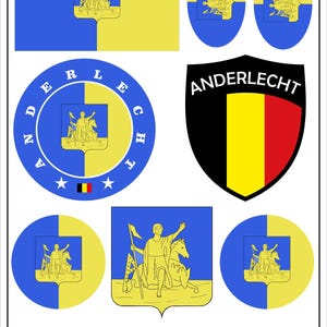Puede incluir: Una colección de gráficos temáticos de Anderlecht. Incluye una bandera, un escudo y diseños circulares en azul y amarillo, con un escudo de armas que representa una figura a caballo. La palabra "ANDERLECHT" se muestra en varios formatos.