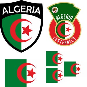 May include: A collection of Algerian flag and emblem designs. The designs feature the Algerian flag's green and white colors, a red crescent moon, and a red star. The word "ALGERIA" is displayed in white text on a black shield.