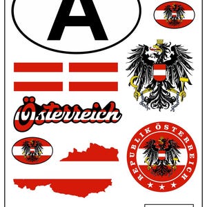 Puede incluir: Hoja de pegatinas con símbolos austriacos. Incluye la letra "A" en un óvalo negro, rayas de la bandera austriaca, la palabra "Österreich" y el escudo de armas austriaco. Los colores rojo, blanco y negro dominan el diseño.