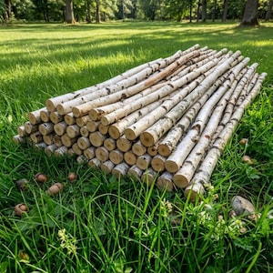 May include: A pile of birch logs with white and gray bark, cut to various lengths, rests on a bed of green grass. The ends of the logs are visible, showing the wood grain. Acorns are scattered in the grass.