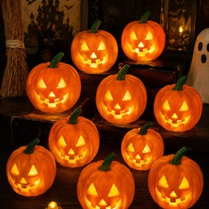 May include: A collection of nine orange jack-o'-lantern pumpkins with green stems, each featuring a carved face illuminated from within by a warm yellow light. The pumpkins are arranged in a group, displaying various carved expressions with triangular eyes and jagged mouths.