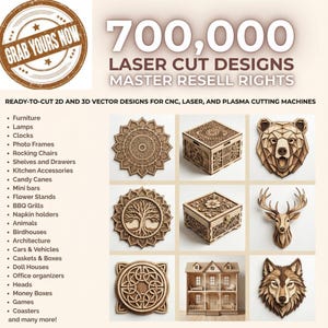 Puede incluir: Anuncio de diseños cortados con láser. La imagen presenta varios artículos de madera cortados con láser, como una cabeza de oso, una caja y una casa de muñecas. El texto dice "700.000 Diseños Cortados con Láser" y "Consigue el tuyo ahora".