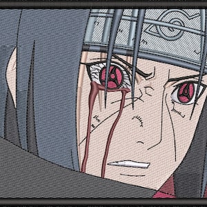 May include: A rectangular embroidered patch featuring a close-up of a character with dark hair, a metal headband with a spiral symbol, and red eyes with black patterns. A dark red liquid flows from one eye down the cheek on a light skin tone.