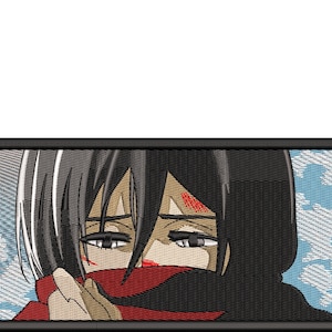 May include: A rectangular embroidered patch featuring a stylised anime character with black hair, a red scarf covering the lower face, and visible red markings on the forehead and cheek, set against a light blue sky with white clouds.