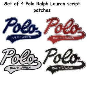 May include: A set of four embroidered patches featuring the script text Polo Ralph Lauren. The patches are in navy blue, red, white, and black, each with a swooping tail design. The text Set of 4 Polo Ralph Lauren script patches is visible.