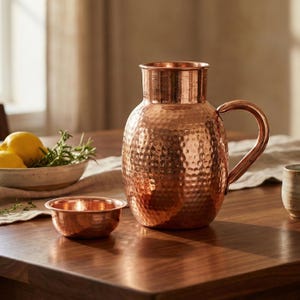 May include: A copper pitcher and small bowl with a hammered texture sit on a wooden table. The pitcher has a handle and a wide opening. A bowl of lemons and herbs is in the background. The items are copper-colored.