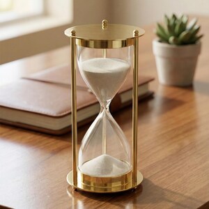 Könnte beinhalten: Eine Messing-Sanduhr mit transparenten Glaskammern, die mit weißem Sand gefüllt sind. Die Sanduhr steht auf einer Holzoberfläche, mit einem ledergebundenen Notizbuch und einer Topf-Sukkulente im Hintergrund. Es ist ein dekorativer Artikel.