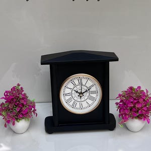 Vintage Style Black Mantel Clock, Classic Wooden Tabletop Desk Clock with Brass Rim & Roman Numerals, Antique Smith London Shelf Clock Decor