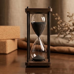 Könnte beinhalten: Eine Sanduhr mit einem dunklen Holzrahmen und klaren Glaskolben. Die obere Glühbirne ist mit schwarzem Sand gefüllt, der in die untere Glühbirne fließt. Die Sanduhr ist ein dekorativer Gegenstand.