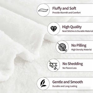 Pode incluir: Close-up de um cobertor branco e fofo. O texto na imagem destaca as caracter&iacute;sticas: "Fluffy and Soft", "High Quality", "No Pilling", "No Shedding" e "Gentle and Smooth". O cobertor parece macio e convidativo.
