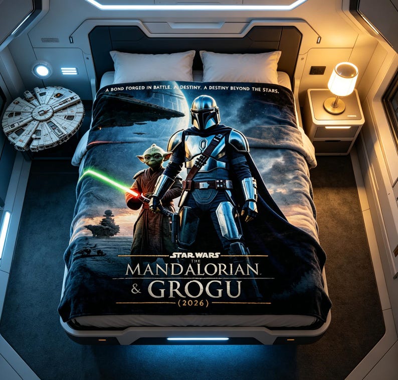 Pode incluir: Um edredom com tema Star Wars com The Mandalorian e Grogu. O design inclui imagens dos personagens, uma nave espacial e o texto "STAR WARS THE MANDALORIAN & GROGU (2026)". O edredom &eacute; azul, preto e cinza.