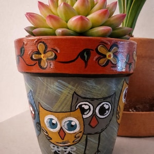 May include: Hand-painted ceramic flower pot featuring owl illustrations. The pot has a gray base with colorful owl designs and a vibrant orange rim with floral accents. A succulent plant with green and pink leaves sits inside.