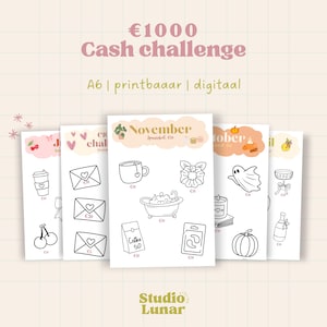 Op de afbeelding: Een verzameling printbare cash challenge-vellen met diverse illustraties, waaronder een koffiekopje, enveloppen en een badkuip. De vellen zijn voorzien van de tekst "€1000 Cash challenge" en "A6 | printbaar | digitaal".
