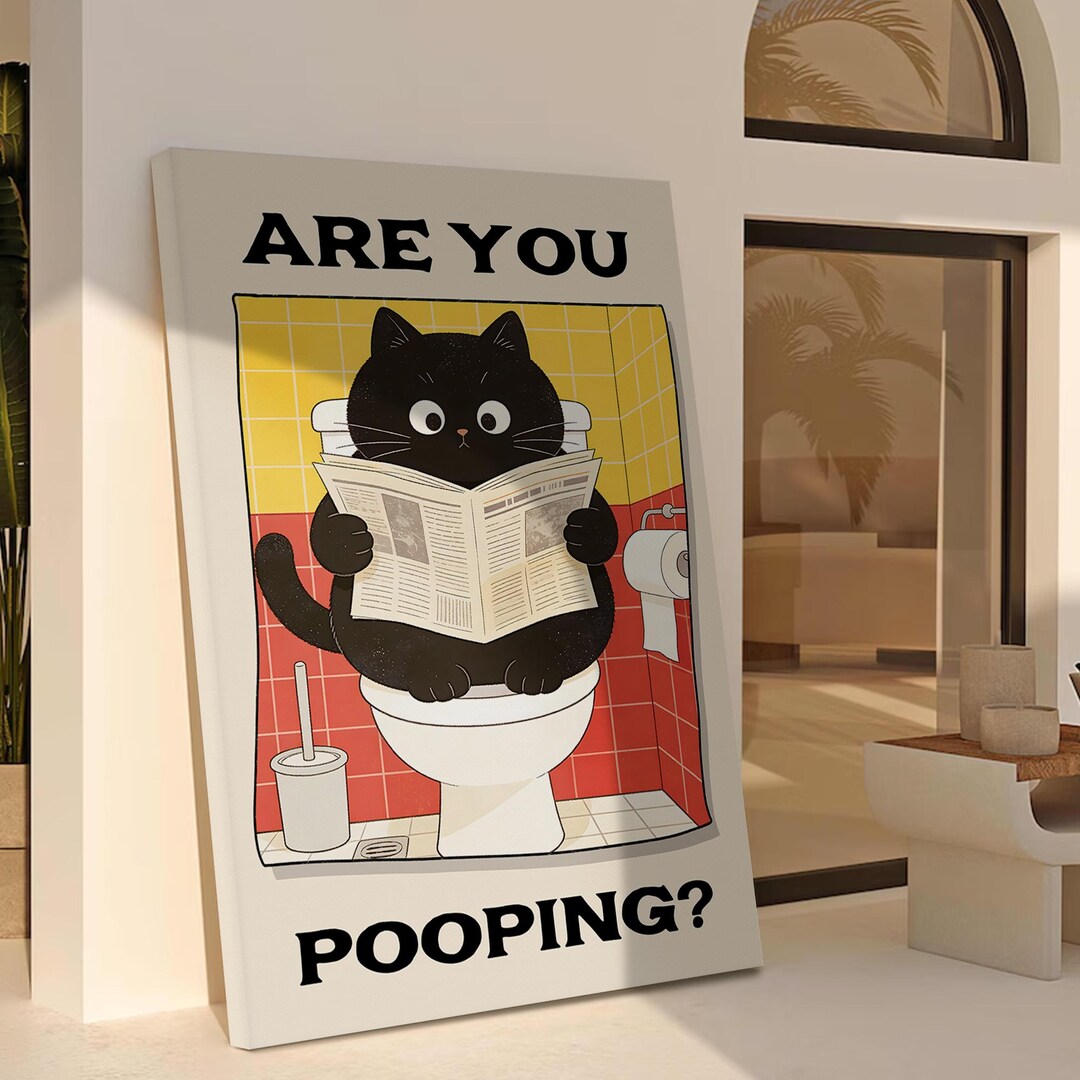 Funny Cat Bathroom Wall Art, Are You Pooping Poster, Black Cat Toilet ...
