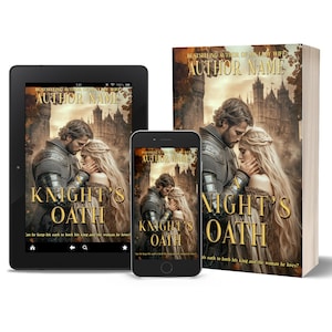 May include: A book, tablet, and smartphone display the cover of "Knight's Oath." The cover art features a knight and a woman embracing in front of a castle. The title is in gold lettering, and the author's name is at the top.