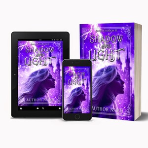 May include: A book cover and digital displays of a book titled "Shadow and Light". The cover features a woman's silhouette in purple hues, with the title in white and the author's name below. The book is shown on a tablet, a smartphone, and a physical book.