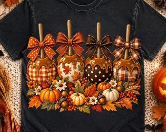 Caramel Apple PNG, Preppy Patchwork Candy Apples Sublimation, Cozy Fall Pumpkin Harvest Thanksgiving Printable for Women