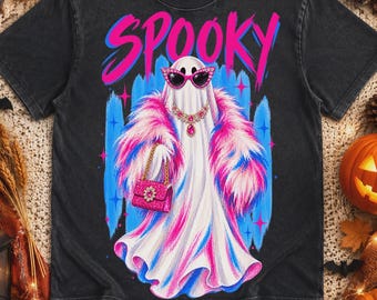 Spooky Glam Ghost PNG, Pink Girly Halloween Preppy Stripes, Fashion Lover Coquette Sublimation for Women