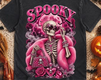Pink Halloween Bling Skeleton PNG, Preppy Glam Skull Sublimation, Girly Halloween Fashion Lover Spooky Season  Women Girl Printable Design
