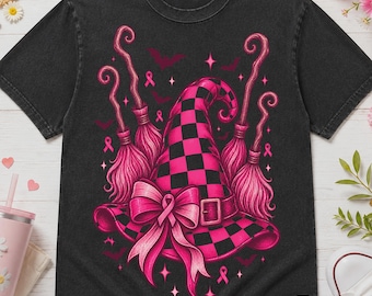 Breast Cancer Awareness PNG, Checkered Witch Hat Pink Ribbon Bow, Halloween Witch Broom Sublimation, October Support Printable