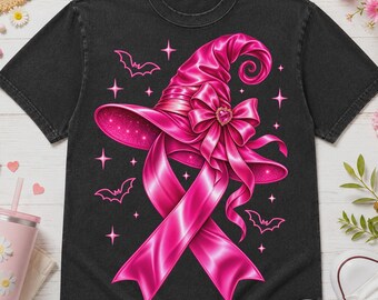 Breast Cancer Awareness PNG, Pink Witch Hat Ribbon Coquette Bow, Witchy Halloween Sublimation, October Support Printable