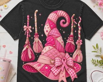 Breast Cancer Awareness PNG, Pink Ribbon Bow Witch Hat, Spooky Season Halloween Witch Brooms Sublimation, October Printable