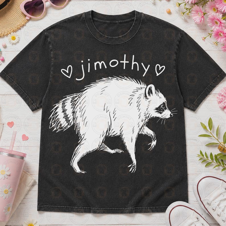 May include: A black short-sleeve t-shirt featuring a white line-art illustration of a raccoon in profile. Above the raccoon, the text "jimothy" is printed in a white handwritten font, flanked by two small white heart outlines on each side.