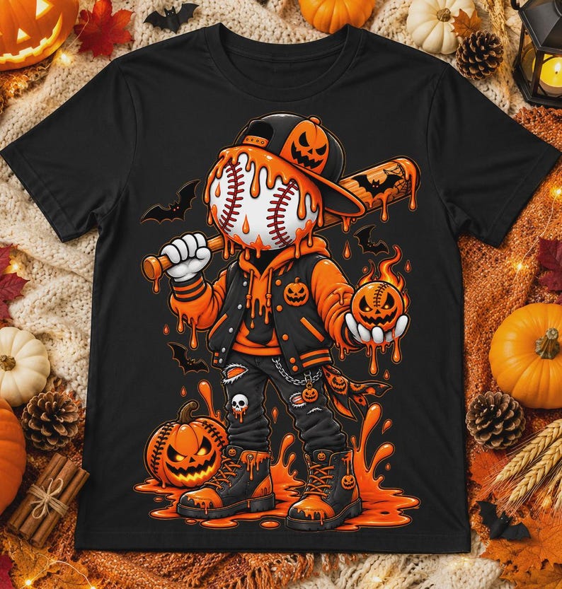 Może przedstawiać: Czarny t-shirt z grafiką postaci z głową w kształcie piłki baseballowej, w czapce i kurtce typu varsity, pokrytej pomarańczowym szlamem. Postać trzyma kij baseballowy i małą dynię, w otoczeniu nietoperzy oraz kałuż pomarańczowej cieczy.