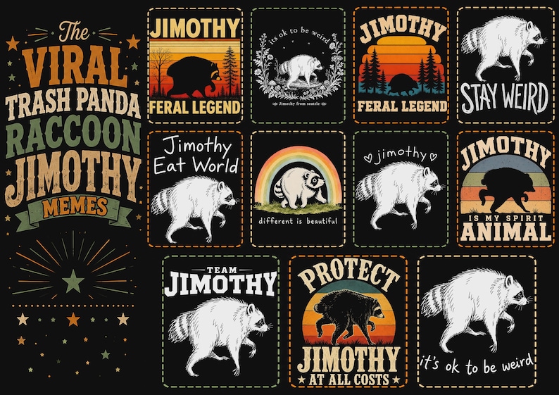 May include: A collection of graphic designs featuring raccoons with text including The Viral Trash Panda Raccoon Jimothy Memes, Feral Legend, Stay Weird, Jimothy Eat World, different is beautiful, Is My Spirit Animal, Team Jimothy, and Protect Jimothy At All Costs.