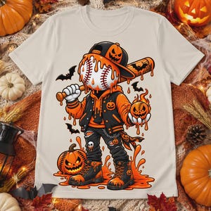 Może przedstawiać: Kremowy t-shirt z grafiką postaci z głową w kształcie piłki baseballowej, ubranej w czarno-pomarańczową kurtkę typu varsity, czapkę i buty. Postać trzyma kij baseballowy i płonącą dynię, w otoczeniu nietoperzy i pomarańczowej cieczy.
