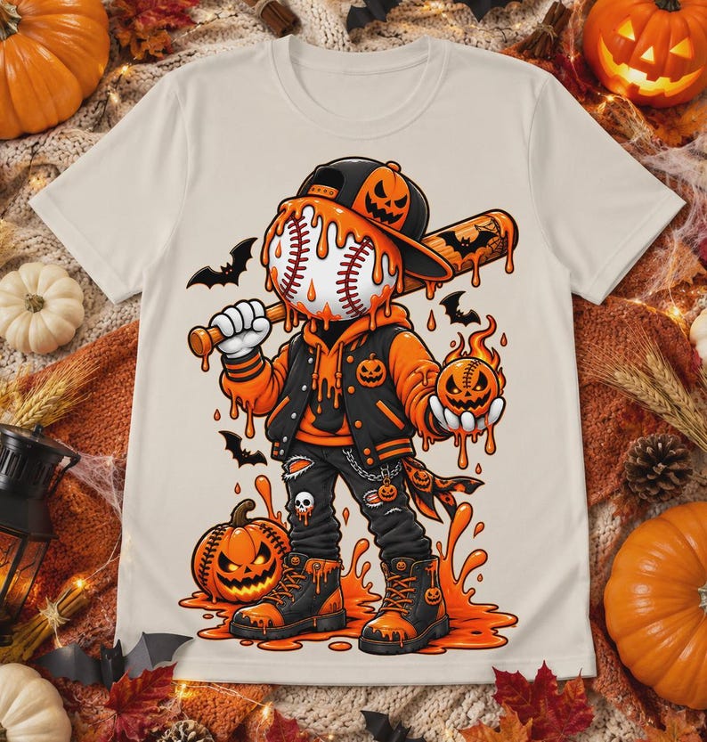 Może przedstawiać: Kremowy t-shirt z grafiką postaci z głową w kształcie piłki baseballowej, ubranej w czarno-pomarańczową kurtkę typu varsity, czapkę i buty. Postać trzyma kij baseballowy i płonącą dynię, w otoczeniu nietoperzy i pomarańczowej cieczy.