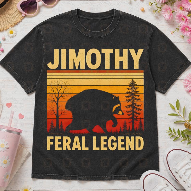 May include: A black short-sleeve t-shirt featuring a graphic print of a raccoon silhouette against a sunset background with trees. The text JIMOTHY is printed in yellow above the graphic, and the text FERAL LEGEND is printed in yellow below.