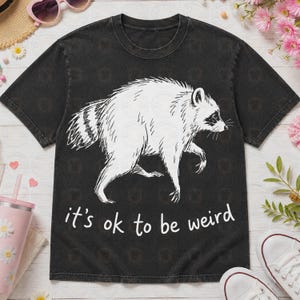 May include: A black short-sleeve t-shirt featuring a white line-art illustration of a raccoon in the center. Below the raccoon, the text reads "it's ok to be weird" in a simple white font. The shirt has a crew neckline and a relaxed fit.