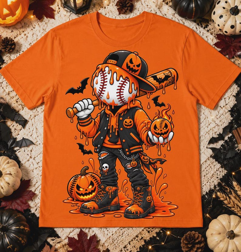 Może przedstawiać: Pomarańczowy t-shirt z grafiką postaci z głową w kształcie piłki baseballowej, ubranej w czapkę, bluzę z kapturem i kurtkę, trzymającej kij baseballowy oraz małą dynię. Postać otoczona jest nietoperzami i pomarańczowymi kroplami na tle.