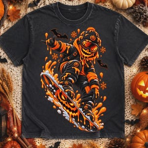 Immagine PNG di una goccia di snowboard di Halloween, zucca gocciolante e snowboarder in stile Jack O'Lantern per sublimazione, sport invernali spettrali, design stampabile per snowboard