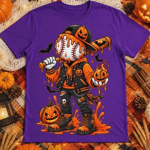 Może przedstawiać: Fioletowy t-shirt z grafiką postaci z głową w kształcie piłki baseballowej, ubranej w czarno-pomarańczową kurtkę typu varsity, czapkę i buty. Postać trzyma kij baseballowy i płonącą dynię, otoczona pomarańczowymi zaciekami przypominającymi płyn.
