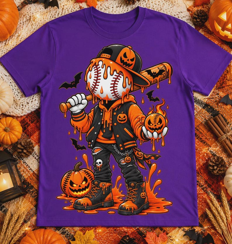 Może przedstawiać: Fioletowy t-shirt z grafiką postaci z głową w kształcie piłki baseballowej, ubranej w czarno-pomarańczową kurtkę typu varsity, czapkę i buty. Postać trzyma kij baseballowy i płonącą dynię, otoczona pomarańczowymi zaciekami przypominającymi płyn.