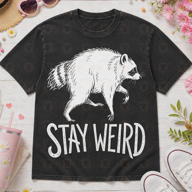 May include: A black short-sleeve t-shirt with a white graphic illustration of a walking raccoon in the center. Below the raccoon, the text STAY WEIRD is printed in a white, stylized, hand-drawn font. The shirt has a crew neckline and a faded finish.