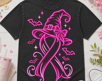 Neon Breast Cancer Awareness PNG, Neon Pink Ribbon Coquette Bow Witch Hat, Witchy Halloween Sublimation, October Support Printable