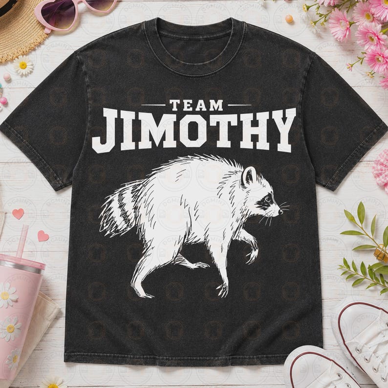 May include: A black short-sleeve t-shirt featuring a white graphic of a raccoon in profile. Above the raccoon, the text reads "TEAM JIMOTHY" in a bold, white, capitalized font. The shirt has a crew neckline and a slightly faded, vintage-style finish.