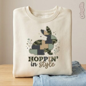Hoppin In Style Shirt PNG • Easter Bunny Graphic PNG • Camo Patchwork Pearl Trim Design • DTF Sublimation Digital Download