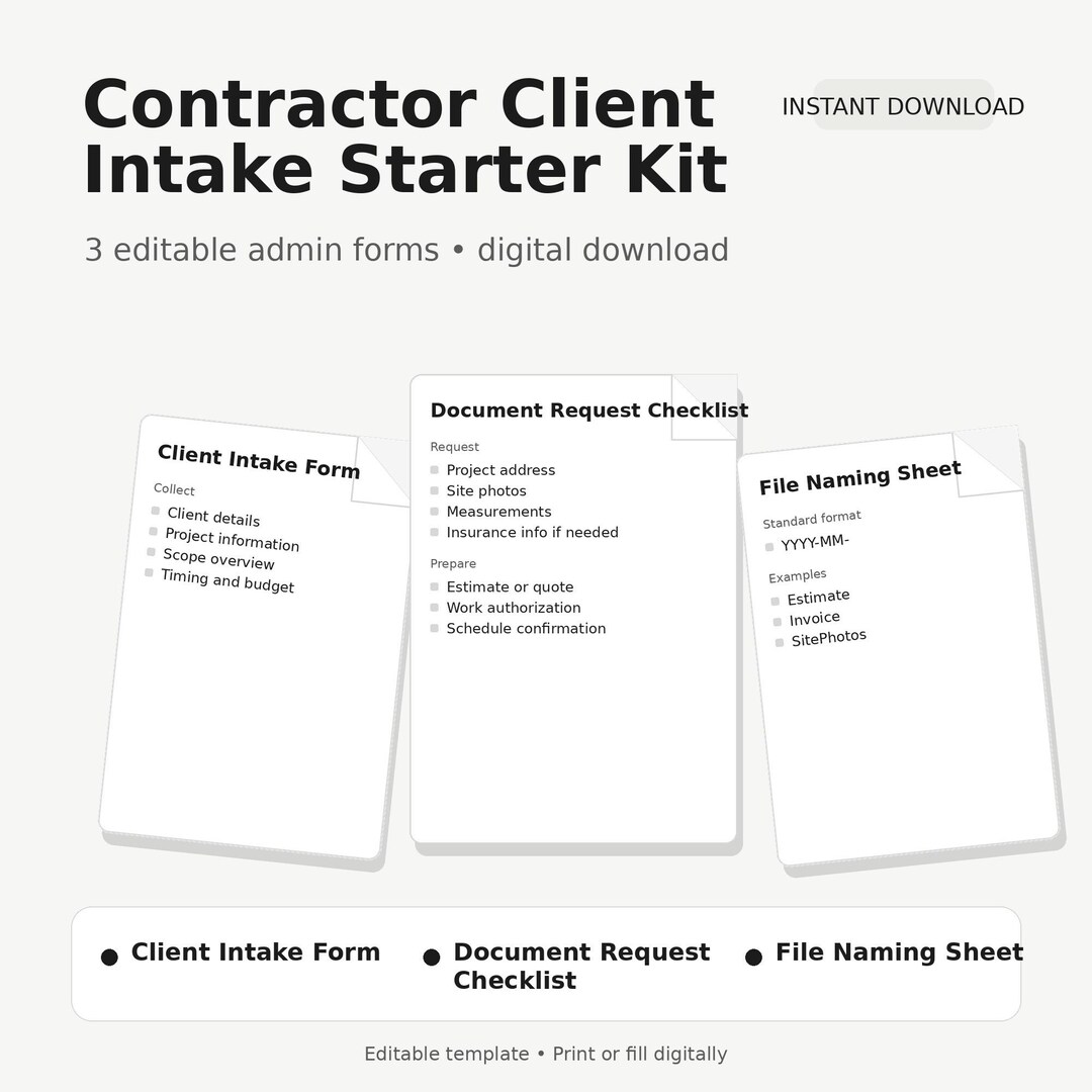 Contractor Client Intake Starter Kit | Construction Job Intake Form ...