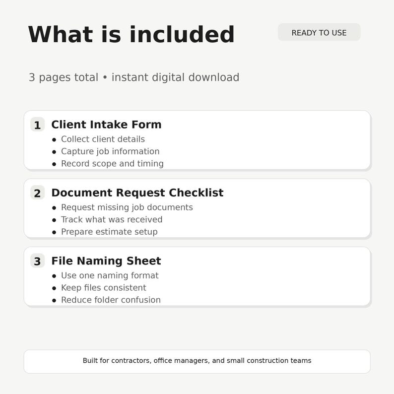 Contractor Client Intake Starter Kit | Construction Job Intake Form ...