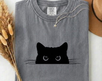 Peeking Black Cat T-Shirt, Minimalist Cat Lover Tee, 100% Cotton Unisex Shirt